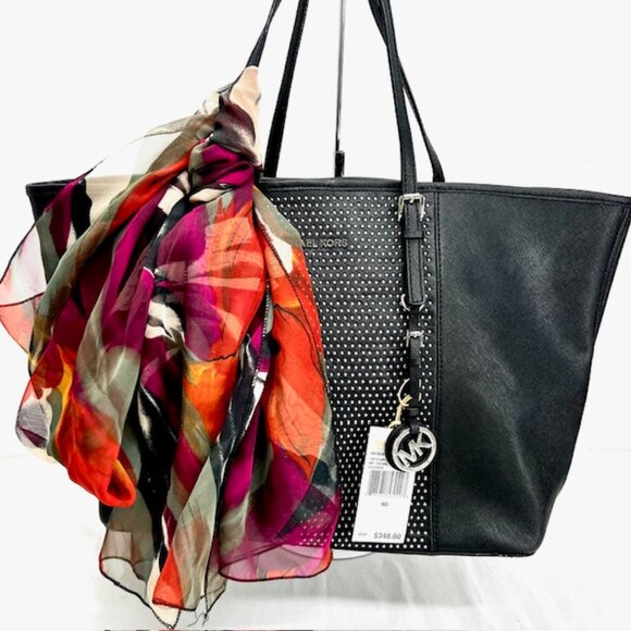 New $348  MICHAEL KORS BLACK STUD LARGE LEATHER TOTE SHOULDER BAG With Scarf (4) - Picture 1 of 13